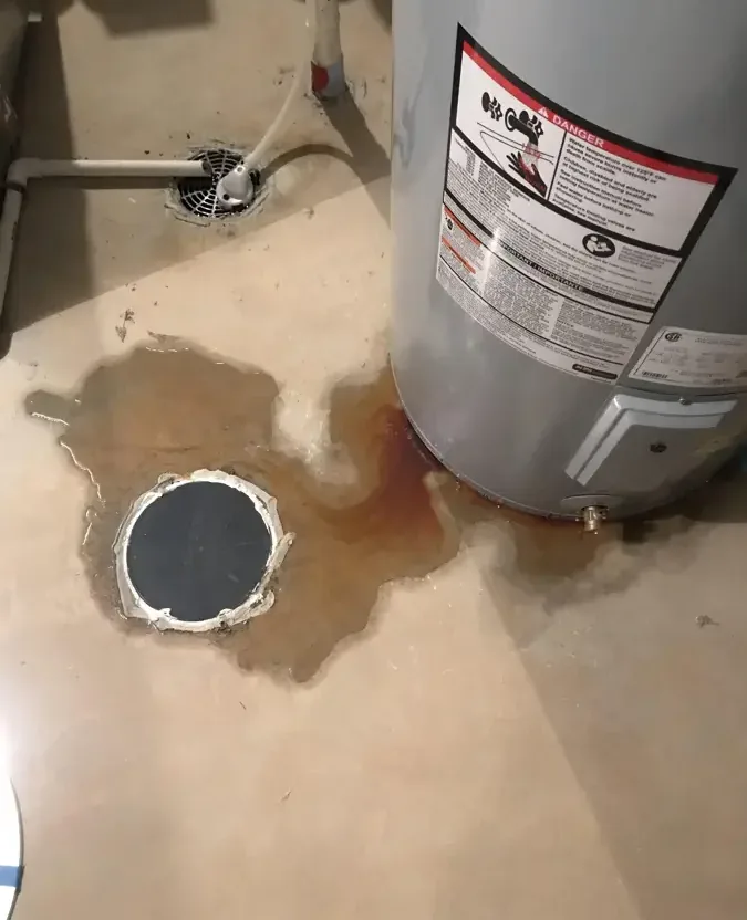 Water pooled around the base of a water heater and a floor drain