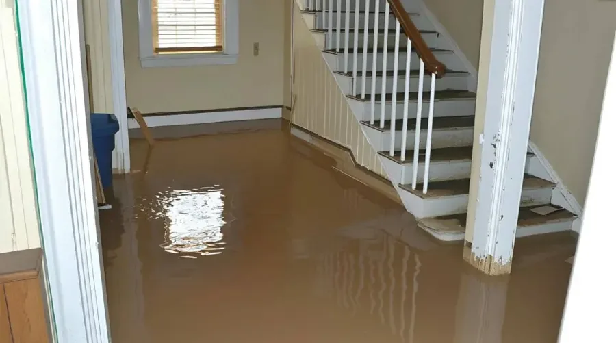 Muddy water pooled in a hallway beside the bottom of a staircase before removal
