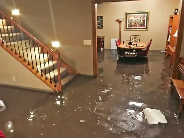 Standing storm water across a living room and the nearby stair landing
