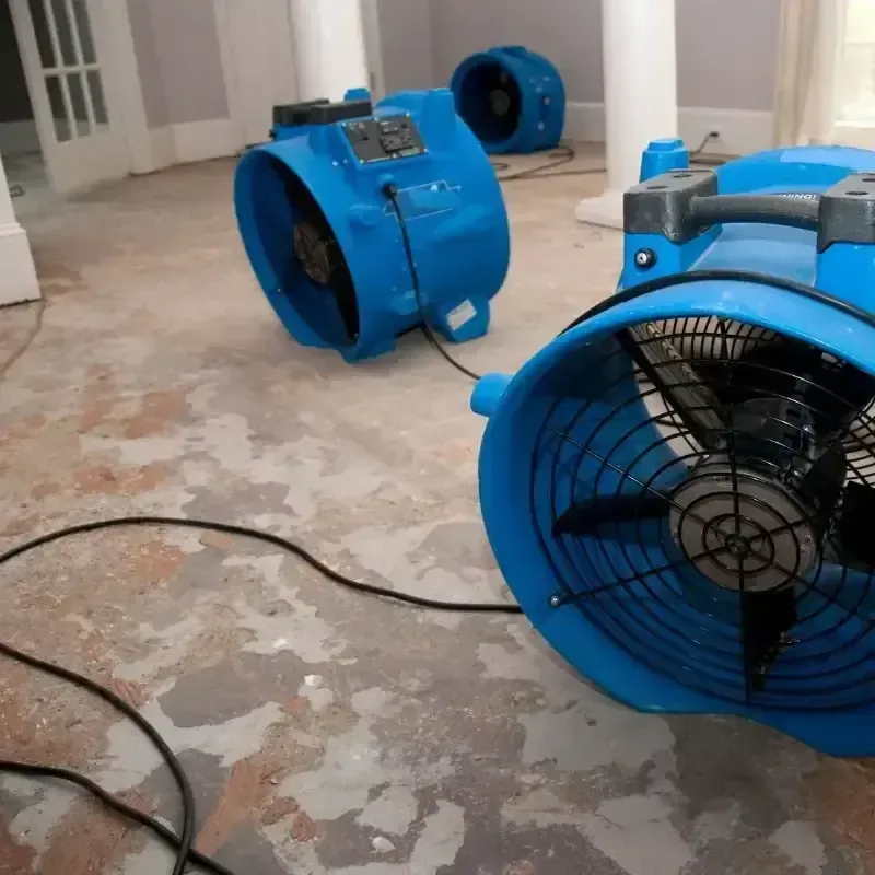 Blue drying fans arranged across a bare room floor to move air over wet materials.