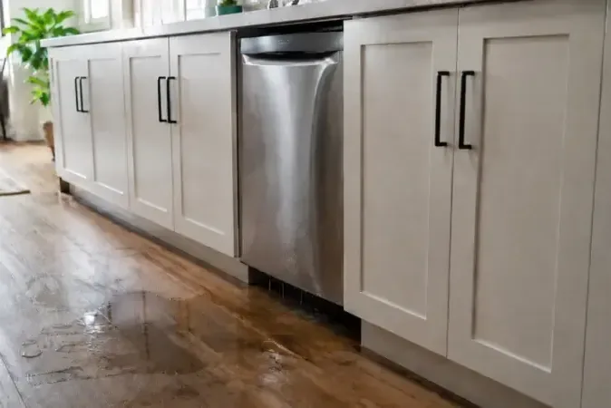 Water spreading across a wood kitchen floor from under the dishwasher and cabinets