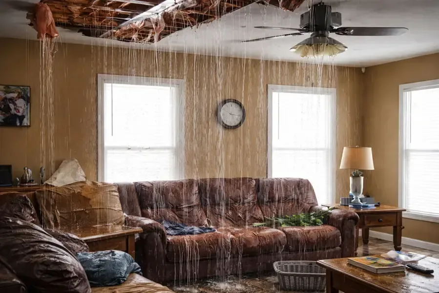 Water pouring through a broken ceiling into a living room after a burst pipe