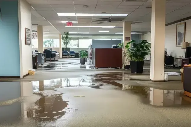 Standing water spreads across an open office floor between desks and columns