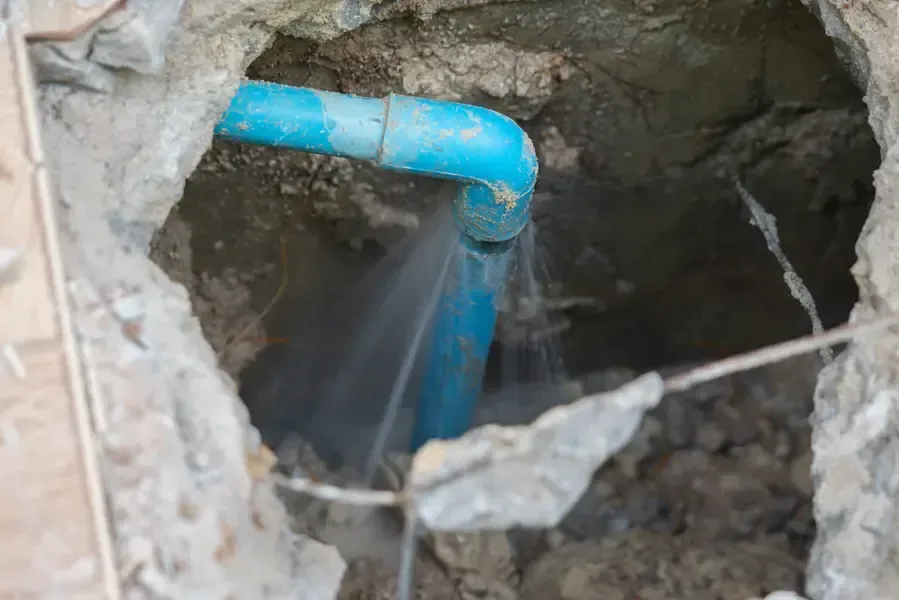 Water line spraying inside a hole opened in a concrete slab floor