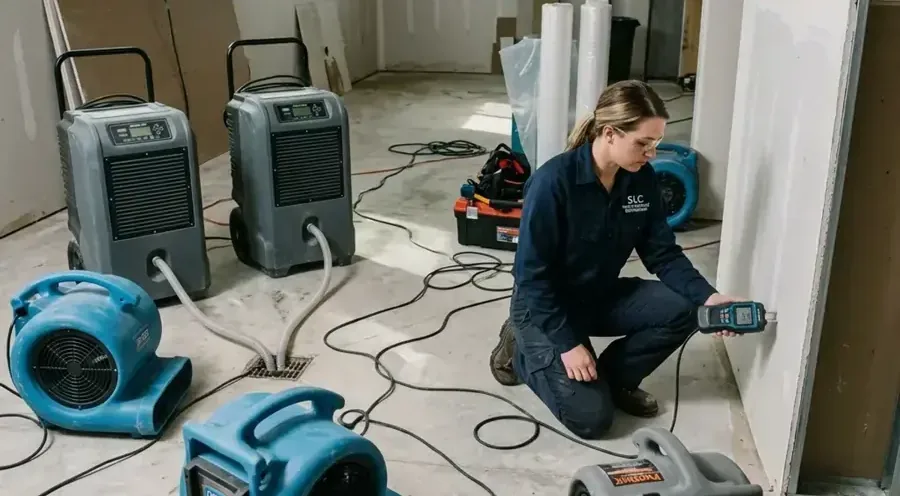 Technician checking a wall with a moisture meter beside dehumidifiers and air movers, structural drying